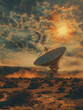 Vertical image of A large radio telescope in the desert against sky with dust clouds and sunlight, Generative AI