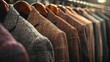 Rack of various tweed jackets in earth tones displayed in a row on wooden hangers.