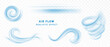 Blue air flow wave effect set. Waves showing a stream of clean fresh air. Isolated vector design element.