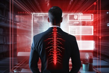 Businessman looking at xray image on abstract background Back pain highlighted in an office setting with a red holographic spine, Ai generated