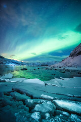 Wall Mural - aurora borealis, northern lights glowing over snowy mountain on arctic ocean at lofoten islands