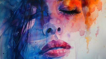 Canvas Print - Double exposure of beautiful woman face and colorful watercolor paint splashes