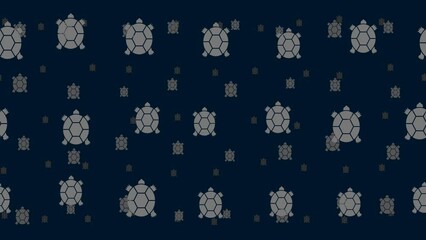 Poster - Turtle symbols float horizontally from left to right. Parallax fly effect. Floating symbols are located randomly. Seamless looped 4k animation on dark blue background