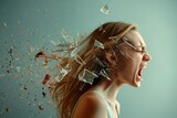 Fototapeta  - A woman in profile whose scream makes the glass shatter around her on a light blue background.