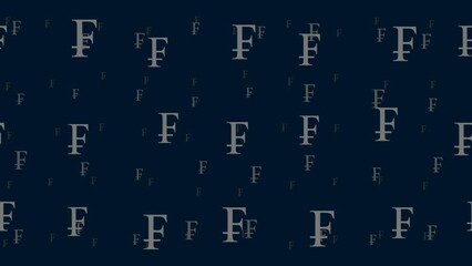 Poster - Franc symbols float horizontally from left to right. Parallax fly effect. Floating symbols are located randomly. Seamless looped 4k animation on dark blue background