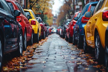 City street filled with parked cars lined up in a row