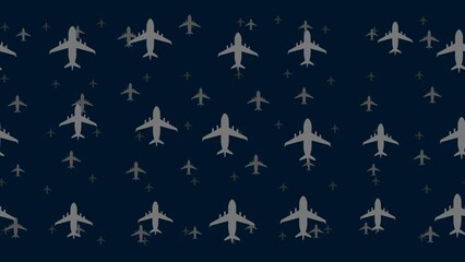 Poster - Airplane symbols float horizontally from left to right. Parallax fly effect. Floating symbols are located randomly. Seamless looped 4k animation on dark blue background