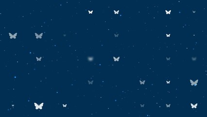 Poster - Template animation of evenly spaced butterfly symbols of different sizes and opacity. Animation of transparency and size. Seamless looped 4k animation on dark blue background with stars