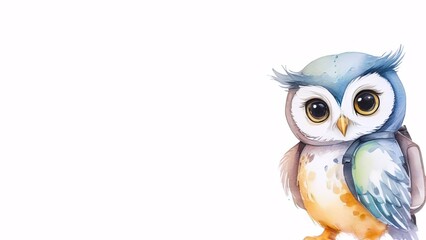 colorful owl wearing tiny backpack against white background, banner with copy space. watercolor illustration. concepts: back to school, educational materials for children, illustration for textbooks