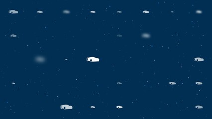Poster - Template animation of evenly spaced sport car symbols of different sizes and opacity. Animation of transparency and size. Seamless looped 4k animation on dark blue background with stars