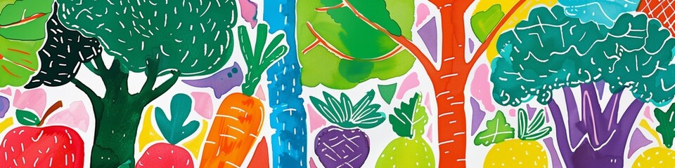 colorful abstract illustration of various trees with fruits and vegetables for artistic design backg