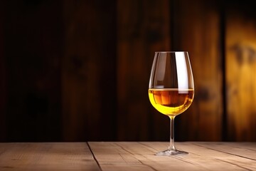 A glass of rich amber wine stands on a wooden table, with a warm, rustic wooden backdrop suggesting a cozy atmosphere. Amber Wine Glass on Rustic Wooden Table