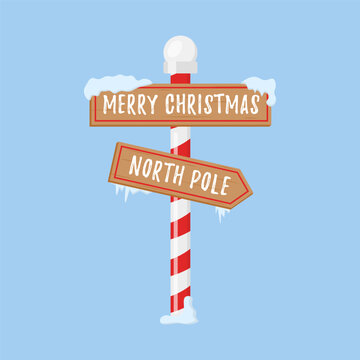 Cute collection of North Pole signs or Christmas. Set of wooden street signs in the snow, winter pointers in flat style. Winter holiday xmas symbol, cartoon banner. Vector illustration