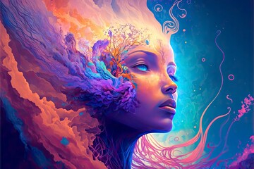 Wall Mural - AI-generated illustration of a girl's head merging with a galaxy background