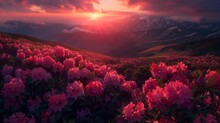 Charming Pink Flower Rhododendrons At Magical Sunset. Location Carpathian Mountain, Ukraine, Europe. Beautiful Nature Landscape. Scenic Image Of Idyllic Summer Wallpaper. Discover The Beauty Of Earth.
