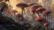   A sunlit forest scene features a cluster of mushrooms growing amongst grass and trees