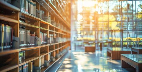 Wall Mural - Empty library interior, soft focus, warm sunlight, modern color palette. Blurred background of an empty library with bookshelves filled with books, representing knowledge and learning