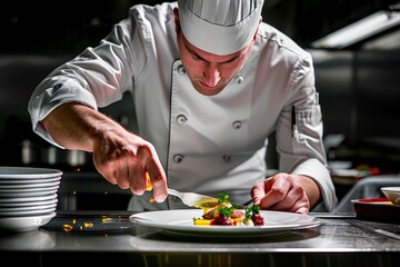 Wall Mural - A man in a chefs hat meticulously arranging and cutting into an elegant dish with precision in a fine dining setting