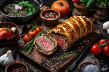 Canvas Print - A large piece of meat, sliced Beef Wellington, is displayed on a rustic wooden cutting board