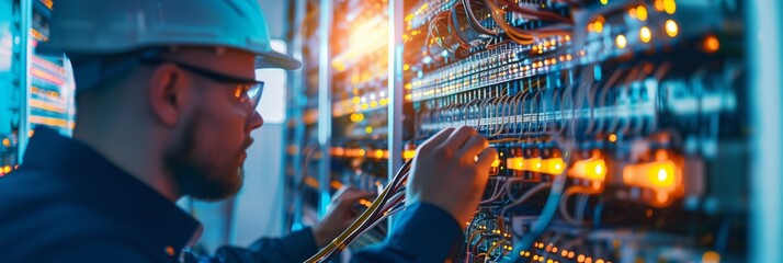 Wall Mural - electrician and engineer work on an electrical circuit with many cables for communication and data transfer