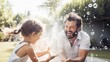 Playful dad and kids enjoy outdoor water balloon fight, laughing and splashing in the sun, creating cherished memories of family fun.

