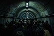A crowd of people walking through a dimly lit tunnel, moving in unison