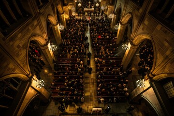 A top-down perspective of a lively church with a large congregation forming a procession