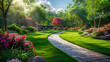 Walkway in the park with green grass and flower garden