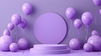 3d render festive podium display with color balloons on purple background. Pedestal for product presentation, prize winner award or kids birthday party. Discount or sale announcement. 3D Illustration