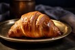 Delicious croissant in a clay dish against a polished metal background