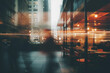 City centre view, blurred out of focus city life in dynamics, blurry silhouettes. Abstract beautiful backdrop for text or advertising. Unfocused buildings and people