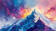 an abstract acrylic painting of Mont Blanc mountain with a mountaineer battling a storm, featuring bold strokes and vibrant colors