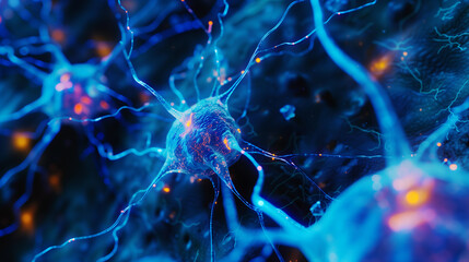 Poster - information travelling through the network of glowing neurons, brains science background wallpaper, neurons network