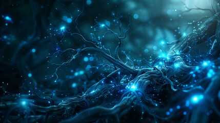 Poster - information travelling through the network of glowing neurons, brains science background wallpaper, neurons network