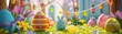 Create a whimsical 3D scene featuring hidden Easter eggs throughout