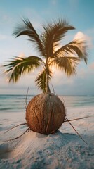 Wall Mural - A coconut on the beach with a palm tree in the background