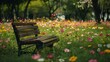 A park bench sitting in a field of flowers