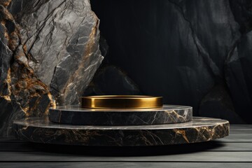 Product display mockup, empty Black stone and gold cylinder podium display stand for product display against a backdrop of black rock boulder, Cosmetic showcase.