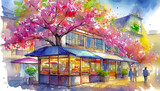 Fototapeta Londyn - Scenary of a cafe at spring with a pink ipê tree - scene #1