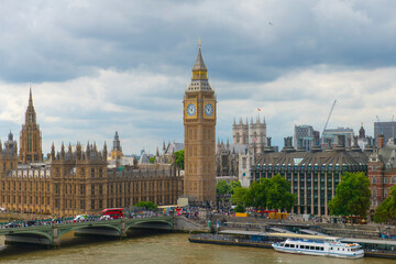 Wall Mural - Big Ben, the Palace of Westminster and Westminster Bridge over River Thames aerial view in London, England, UK. The Big Ben and Palace is UNESCO World Heritage Site since 1970. 