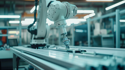 Poster - modern AI robotic arm working in a factory, advanced futuristic artificial intelligence technology, AI automation replacing humans concept