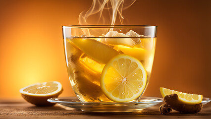 Tea in a transparent cup, emitting heat, placed on a wooden table, British tea