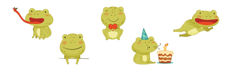 Wall Mural - Funny Green Frog Character Engaged in Different Activity Vector Set