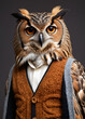 owl face, wearing in a cardigan and shirt for a photo shoot on a chestnut, gray plain background, in an ultra-detailed style.