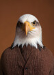 eagle face, wearing in a cardigan and shirt for a photo shoot on a chestnut, gray plain background, in an ultra-detailed style.