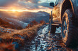 Adventurous SUV navigating through snowy mountain terrain at sunrise, illustrating the thrill and freedom of exploration.