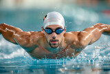 Fototapeta Paryż - Swimming man. Male Swimmer athlete doing butterfly swim stroke. Male sport fitness man wearing swimming goggles and swim cap training hard in outdoor pool