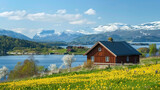 Fototapeta  - Summer landscape with a red house and a lake in the mountains