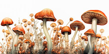A Row Of Mushrooms Are Shown In A Field Of Grass.