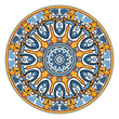 Vector decorative circular pattern in yellowish, navy blue and white design with frame or border. Baroque Vector mosaic. 